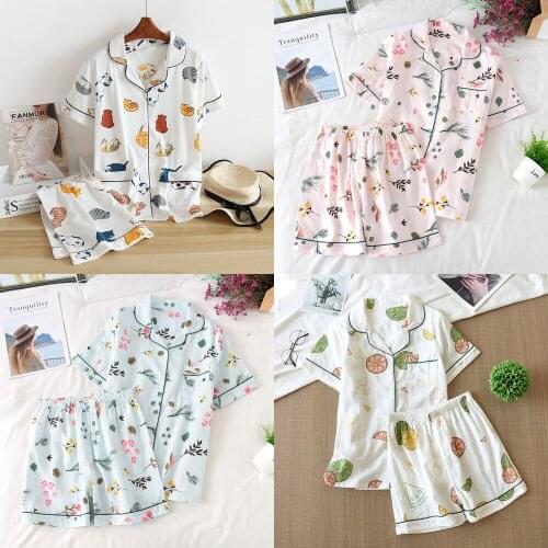 New 100% Cotton Short-sleeved Shorts Ladies Pajamas Set Cute Cartoon Pajamas Japanese Simple Short Pajamas Women Home Service