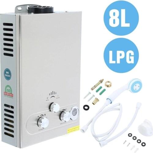 8L Propane Gas LPG Boiler Instant 2GPM Tankless Hot Water Heater Stainless Steel LCD With Shower Head