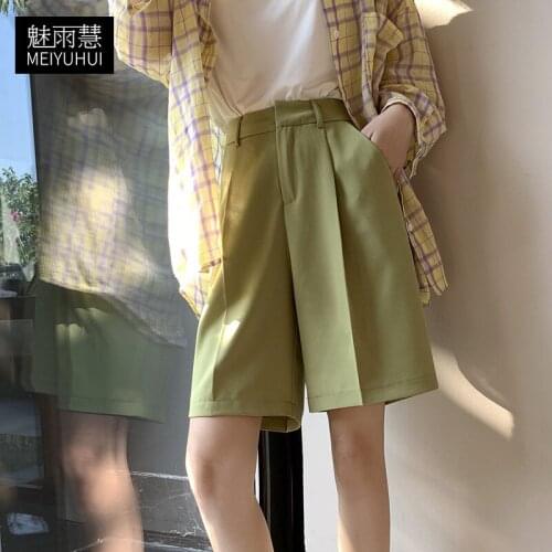 High Waist Shorts Pants Woman Summer 2021 Casual Green Classic Knee-Length Office Ladies Straight Shorts Wide Womens Shorts