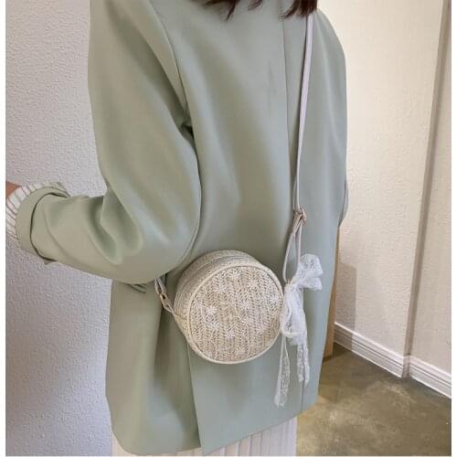 Mini Round Straw Crossbody Summer Women Beach Lace Flower Circular Shoulder Bags Fashion Girls Handmade Rattan Makeup Bag Purse