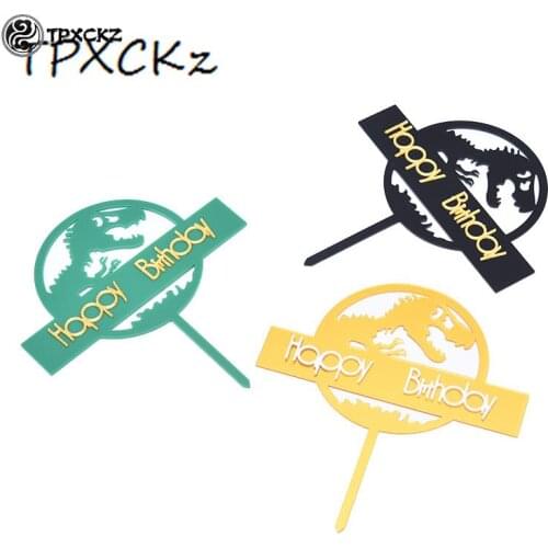 Dinosaur Theme Cake Topper Acrylic Golden Happy Birthday Cake Flags High-end Birthday Cupcake Toppers Kids Party Cake Decoration