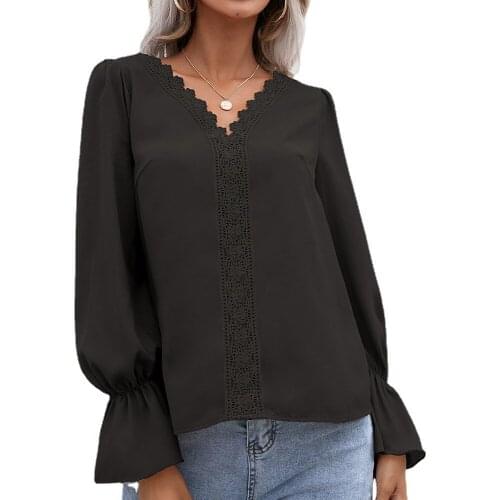 2021 Autumn Newest Multi Colors Temperament Sexy V-neck Hollow Lace Design Long-sleeved Shirts for Women Clothing