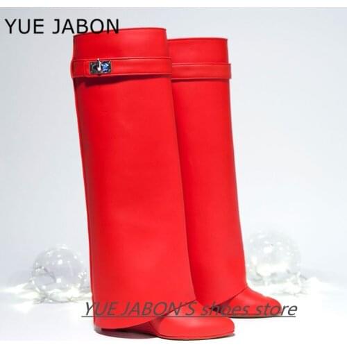 Silver Shark Lock Women Boots Top Design Genuine Leather Knee High Ladies Boots Pointed Toe Fold High Heel Wedge Botas Mujer