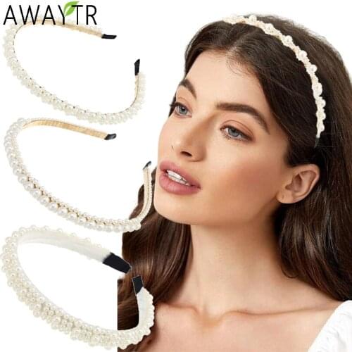AWAYTR Gold Metal Hairbands For Women Hair Accessories Elastic Hair Hoops Band Bow Wedding Pearl Headband Metal Bridal Headwear