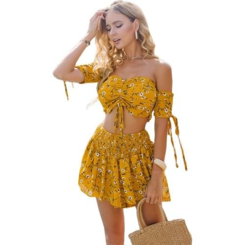 2 Piece Set Women Clothes Casual Off Shoulder Printed Beach Wear Crop Tops Female Summer Suit