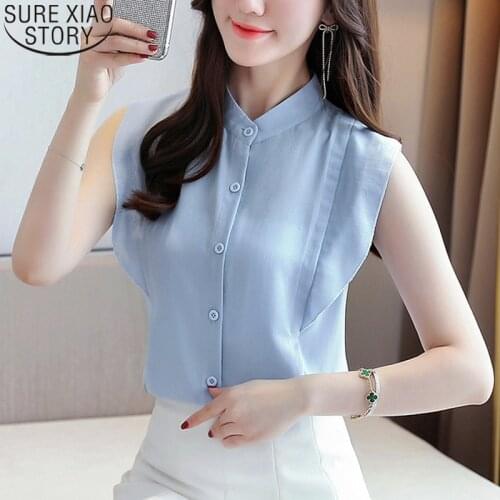 Summer New Fashion Women 2021 Sleeveless Chiffon Solid Casual Stand Collar Grey Blue Cardigan Womens Tops and Blouses 9789