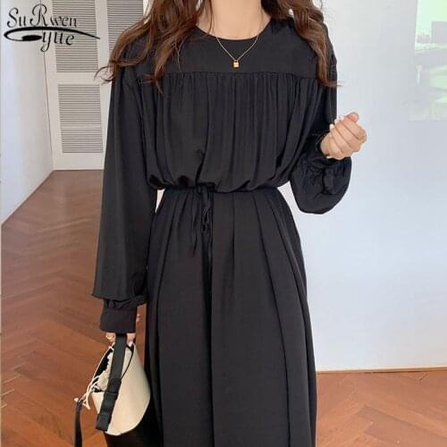 New Round Collar Pleated Tie Dress for Women Korea Chic Spring Women Dress Elegant Vintage Solid Long Sleeve Dress Vestido 14018