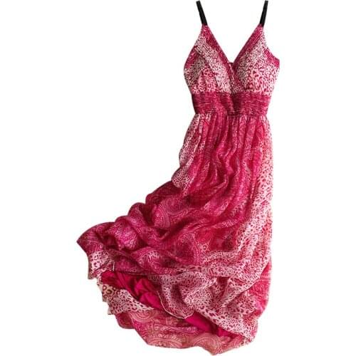 100% Sexy Red Leopard Printed Silk Dress Ladies Spaghetti Strap Deep V Neck Maxi Dress Party Beach Vestidos with Lining