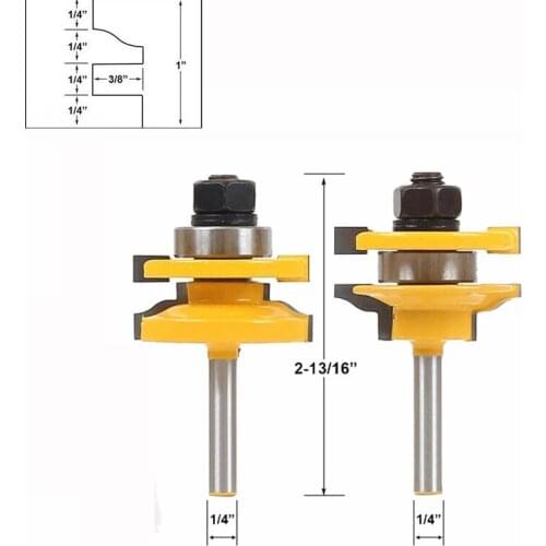 1/4" 2pcs Rail and Stile Router Bit Set Door Window Woodworking Knife Tenon Cutter for Wood Mil