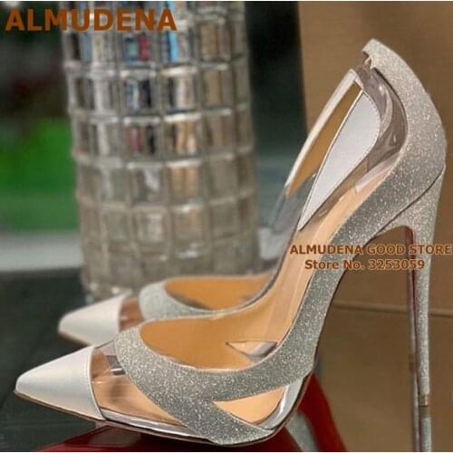 ALMUDENA Newest Silver Bling Bling Sequined High Heels Clear PVC Patchwork Pointed Toe Pumps 12 10 8cm Cut-out Wedding Shoes
