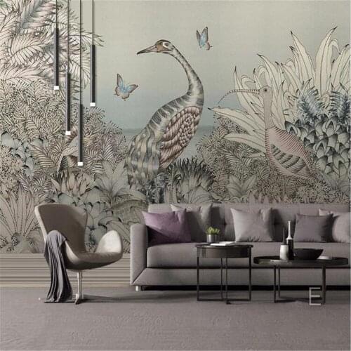 Milofi custom large wallpaper mural medieval hand-painted tropical rain forest gray crane bird bird butterfly background wall pa