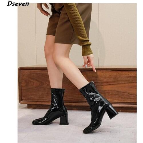 High Heel Short Boots Womens Mid-tube Boots Autumn Winter Elastic Boots Woman Back Zipper Color Matching Boots Ladies Shoes Hot
