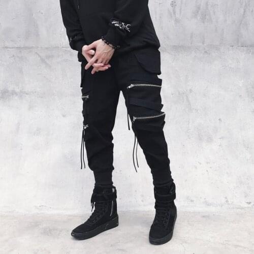 Hip Hop Pants Streetwear Joggers Men Black Zippers Ribbon Harem Pants Cotton Casual Slim Sweatpants Men trousers 2019