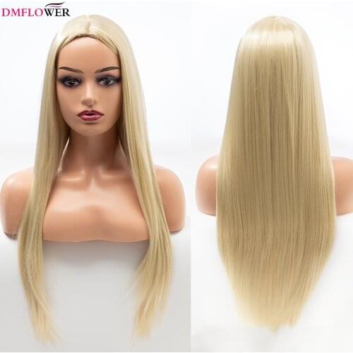 DMFLOWER-Womens Wig, Long Straight Hair Glowing Golden Brown Cosplay Natural High Temperature Heat Resistant Fiber Hair Wig