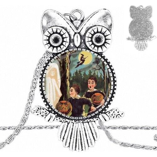 EJ Glaze Twins Old Wicked Witch For Women Wedding Gift Jewelry Plated Glass Cabochon Choker Long Pendant Owl Necklace
