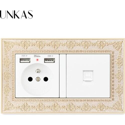 UNKAS French Socket With Dual USB Charge Port + RJ45 Computer Jack 146*86MM Hidden LED Indicator 4D Embossing Zinc Alloy Panel