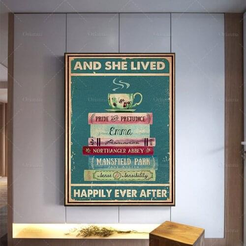 And She Lived Happily Ever After Poster,Books and Tea Poster, Tea Wall Decor, Books Art Print, Bookaholic Home Decor Gifts Ever