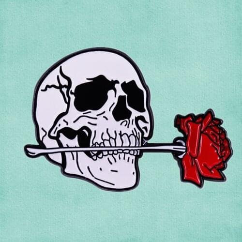 Skull and blooming red Rose Skeleton Flower enamel pin romantic art gothic brooch jewelry