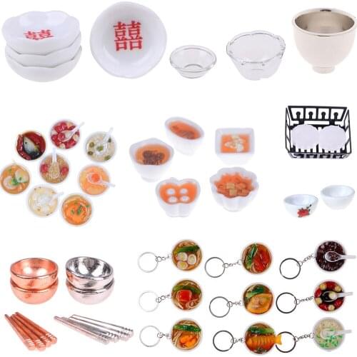 Chinese Cuisine Dessert Noodles Tofu Fish Bowls Chopsticks Dish Rack Dollhuse Miniature Baby DIY Kitchen Doll Houses Toys