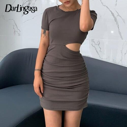 Darlingaga Korean Fashion Ruched Bodycon Casual Dress Female Cut Out Basic Sexy Summer Dress Short Sleeve Sundress Cotton Solid