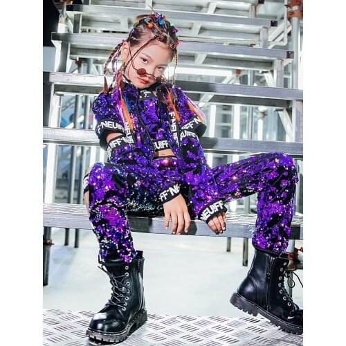 Girls Jazz Costume Children Purple Sequin Hip Hop Set Street Dance Performance Clothing Stage Dancing Wear Flared Sleeve Clothes