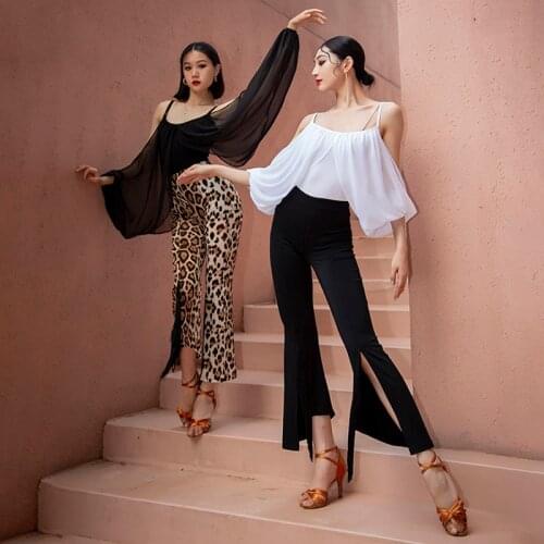 Latin Dance Costumes Puff Sleeved Tops Slit Fringe Pants Ballroom Dancing Clothes Ladies Latin Dance Performance Practice Wear