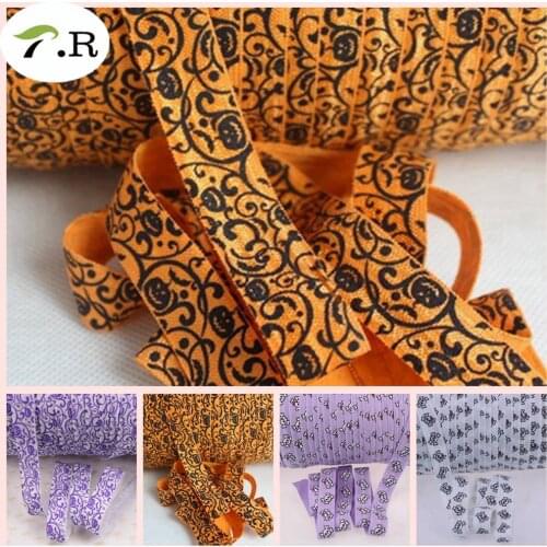 2 colors 5/8"15mm Halloween pumpkin foe black flowers printed fold over elastic ribbons 50yards/lot