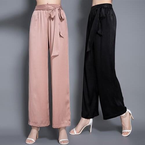 NS146 Spring and summer 2021 New Silk Black wide leg pants casual loose pants fashion bow mulberry silk pants