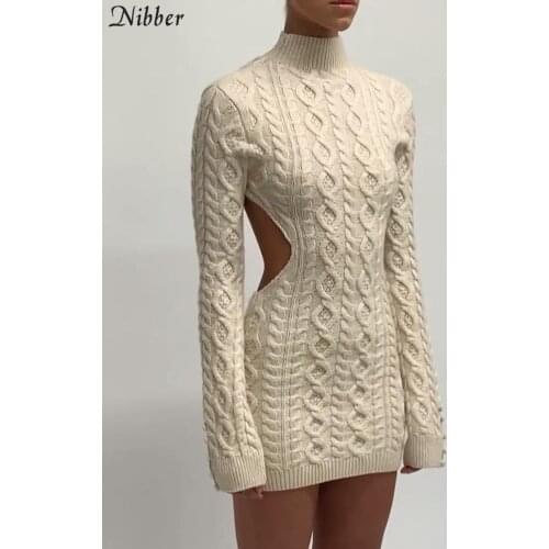 Nibber Autumn Mini Knit Dress Half High Collar Solid Color Open Back Cutout Sexy Slim Fit Women High Street Fashion Outfit 2021
