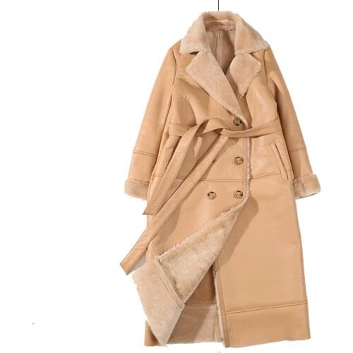 Winter 2020 Women Sheepskin Fur Coat Shearing Belt jacket Brown Genuine Leather Jacket Plus Size Winter Coat Women Fashion Wear
