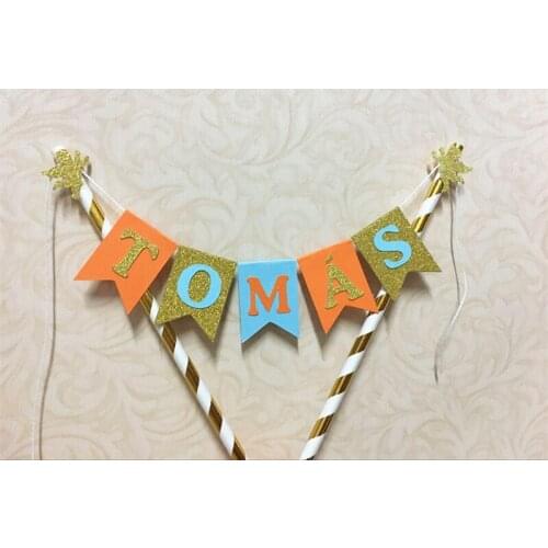 Personalized Orange Gold Kids Name Cake Bunting Baby shower Smash Cake Banner Hot Sunshine Blue Birthday Flag Gold Angel Decor