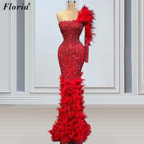 Arabic Beads Red Prom Dresses Long Mermaid One Shoulder Evening Dresses For Women Feathers Celebrity Dresses вечерние платья