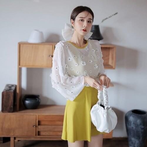 Plus Size Long Sleeve Swimsuit Women One Piece 2 Sets Solid Swimwear Flower Smock Bathing Suit L-4XL Skirts Padded Wireless