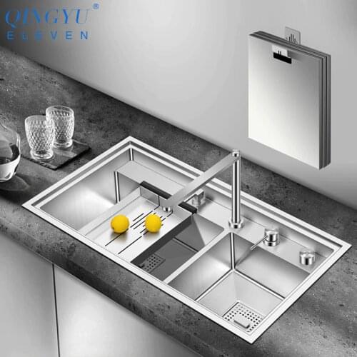 Cloaking Innovative kitchen sink 304 Stainless Steel 4mm Thickness Handmade Brushed Three Cover hidden Large Size Double Sink
