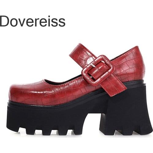 Fashion Womens Shoes Summer Elegant Punk Pure Color Red New lolita Shoes Waterproof Chunky heels Buckle Consice Pumps Sexy 44