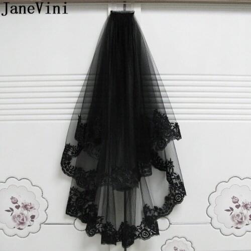 JaneVini 2018 Black Net Tulle Bride Veil 1.5m Long Bridal Veil With Comb Two Layers Lace Edge Wedding Veil Short Brides Veils