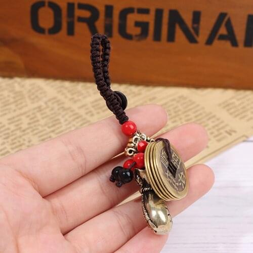 Vintage Brass Money Bag Keychain Pendant Handmade Rope Lucky Feng Shui Hanging Jewelry Ancient Five Emperors Coins Car Key Chain