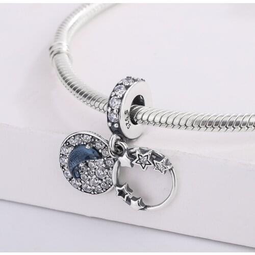 925 Sterling Silver Blue Night Sky Crescent Moon Stars Dangle CZ Zircon Pendant Charm Bracelet DIY Jewelry Making For Pandora