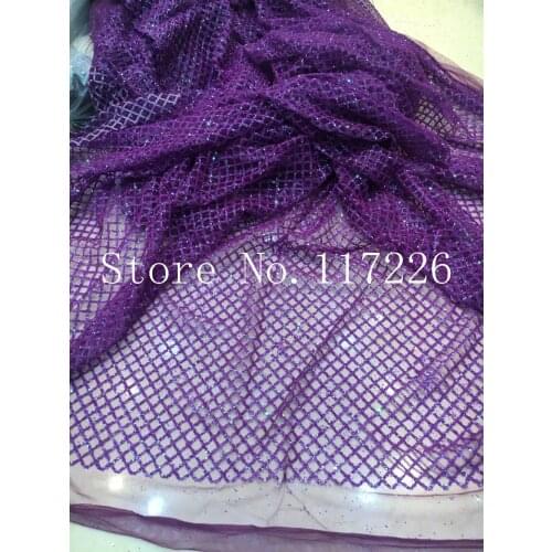 High quality purple glued glitter with sequins hot selling african tulle net lace fabric for evening dress 10yards/lot