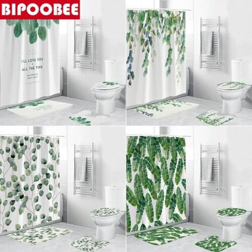Green Leaf Plant Print Shower Curtain 3d White Bathroom Curtains Set Bath Mats Toilet Lid Cover Anti-slip Carpet Washroom Decor