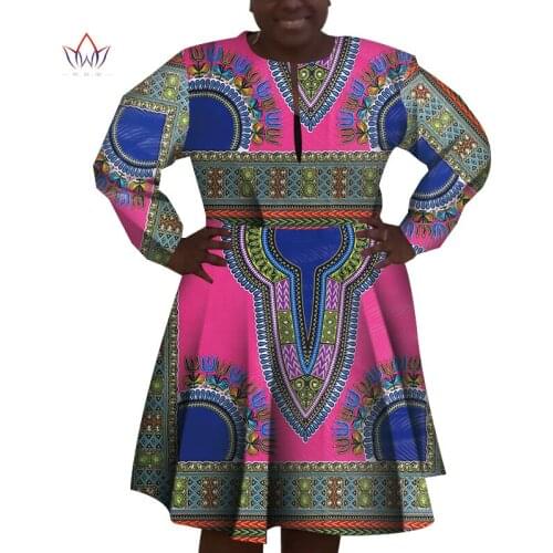 Dashiki African Dresses for Women Bazin Riche Ankara Print Knee-length V Neck Long Sleeve Dresses Women African Clothing WY923