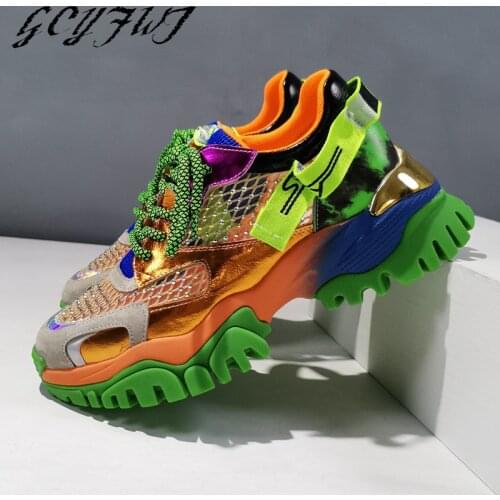 Women Sneakers Genuine Leather Mixed Colors Shallow Flat Platform Zapatillas Mujer Lace-Up Thick Bottom Mesh Crystal Women Shoes