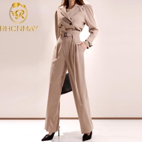 Elegant Business 2 Pieces Set 2020 Retro Khaki Spring New Women Lapel Double-breasted Tops and Long Pants Set OL Work Wear