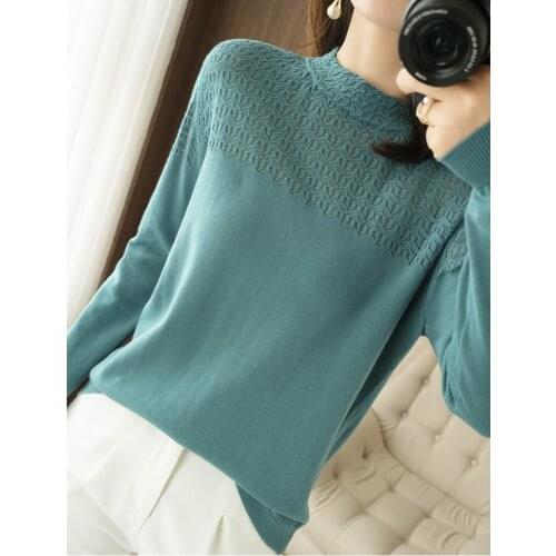 Spring and Autumn Womens Pure Cotton Knitted Hollow Pullover Sweater Long Sleeve High Neck Loose Soft Keep Warm