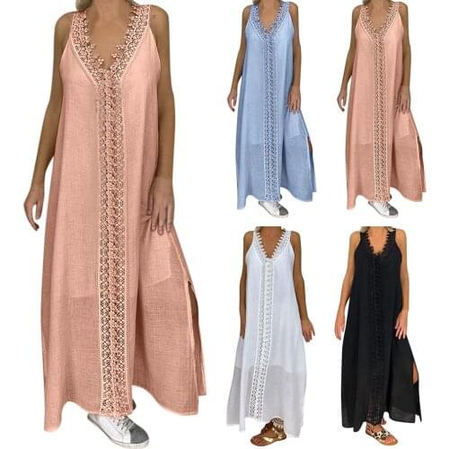 Women Solid Color V Neck Sleeveless Lace Patchwork Slitting Hem Long Vest Dress Plus Size Summer Dresses Female Holiday Beach