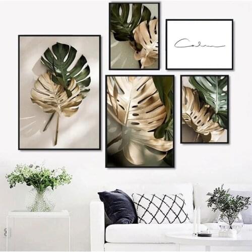 Golden And Green Palm Leaf Canvas Painting Botanical Scandinavian Nordic Wall Art Plants Posters and Prints Picture Room Decor