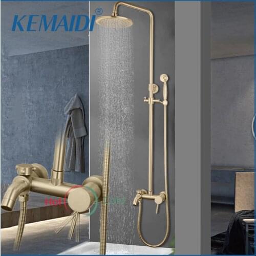 KEMAIDI Brushed Gold Shower Faucet In Wall 8" Stainless Steel Rainfall Bath Shower Set Swivel Bath Spout Bathroom Shower Column