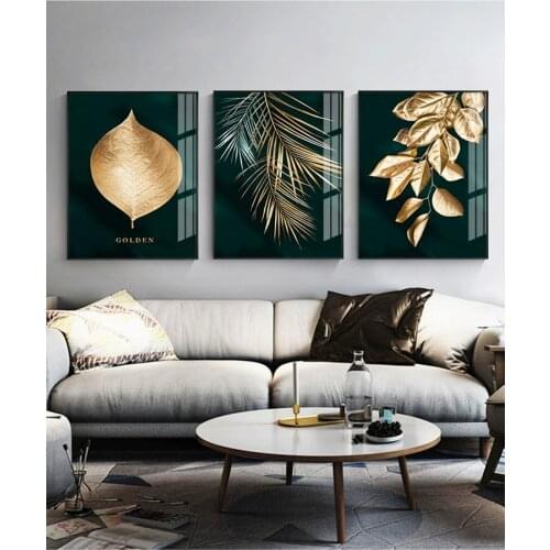 3 panels wall painting Dark green gold Big leaves Poster Light luxury Modern Decorative Picture for living room home decoration