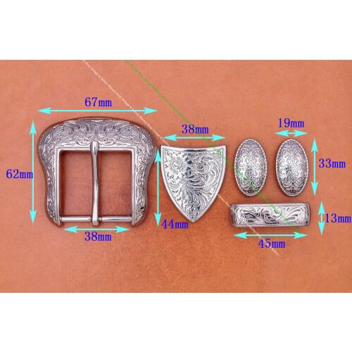 Bling Silver Western Cowboy Cowgirl Rodeo Floral Craved Men Leathercraft Belt Buckle 5 Pieces Set Unisex Fits 1 1/2" Strap