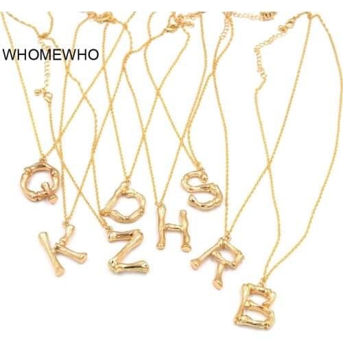 Gold Hammered Metal Bamboo 26 Letter Alphabet A-Z Minimalist Initial Statement Pendant Necklace Fashion Twist Long Chain Jewelry